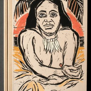 KURS AUF TAHITI . Buch Cover . Auszüge aus den Tagebüchern von James Cook 1768 - 1779 . handgedruckte Farblinolschnitte auf Ingrespapier, Text auf Pergament . Auflage 10 Exemplare . 50 x 32 cm