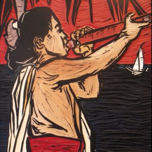 KURS AUF TAHITI . DER BLÄSER . Druckstock, bemalt . 41,5x27,5cm