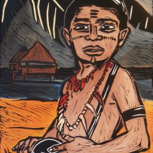 KURS AUF TAHITI . DER TROMMLER . Druckstock, bemalt . 41,5 x 27,5 cm