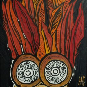 KURS AUF TAHITI .DIE FEDERKRONE . Druckstock, bemalt . 41,5x27,5cm