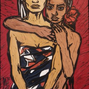 KURS AUF TAHITI . DIE FREUNDINNEN . Druckstock, bemalt . 41,5 x 27,5 cm