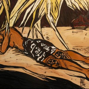 KURS AUF TAHITI . DIE SCHLAFENDE . Druckstock, bemalt . 41,5x55cm