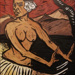 KURS AUF TAHITI . TIMORODEE . Druckstock, bemalt . 41,5x27,5cm