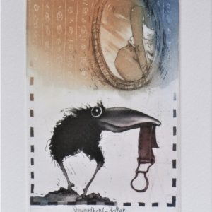 Rabenminiatur . STRUMPFBANDHALTER . Radierung . Bildformat 15x10cm . Blatt 39x29cm