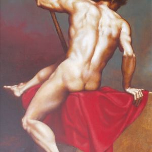 RÜCKENAKT MIT ROTEM TUCH . 2013 . Mischtechnik auf Malplatte . 56,5x40 cm