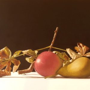 STILLEBEN - APFEL MIT BIRNE UND KASTANIENZWEIG . 2018 . Mischtechnik auf Leinwand . 65x112 cm