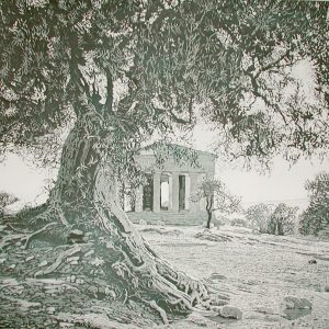 OLIVENHAIN UND GRIECHISCHER TEMPEL . 2013 . Aquatinta . Bildformat: 35x50 cm . Blatt: 50x65 cm