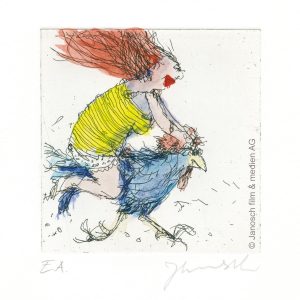 DER HAHN IST MEIN MANN UND ICH HEISSE LUISE . Radierung . Bildformat: 10x10 cm . Blatt: 35x35 cm