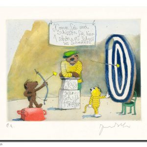 SCHISSEN SIE INS BLAUE . Radierung . Bildformat: 14,5x19,5 cm . Blatt: 40x50 cm