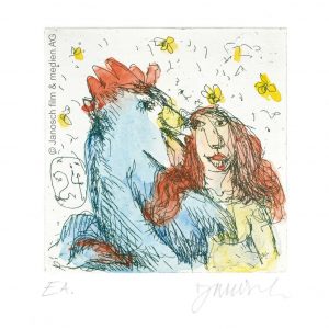 SIE LIEBTE EINEN GOCKELHAHN . Radierung . Bildformat: 10x10 cm . Blatt: 35x35 cm