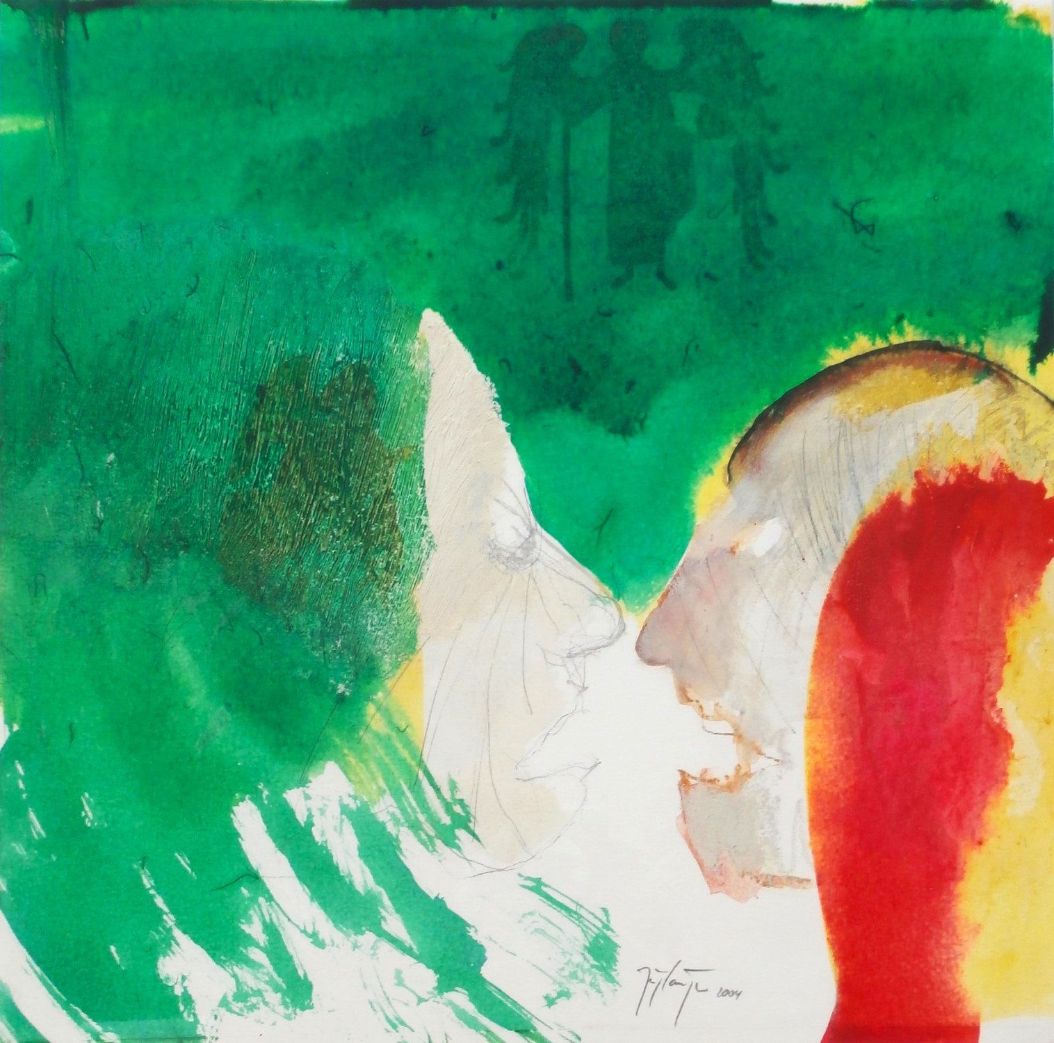 aus: KOMBATTANTEN . Protagonistendruck/Linolschnitt und Mischtechnik auf Papier . 33x33 cm . Protagonisten nach: Unbekannter Künstler: Erzengel - Moskauer Kirchenfahne (um 1300-1350) Kreml Moskau