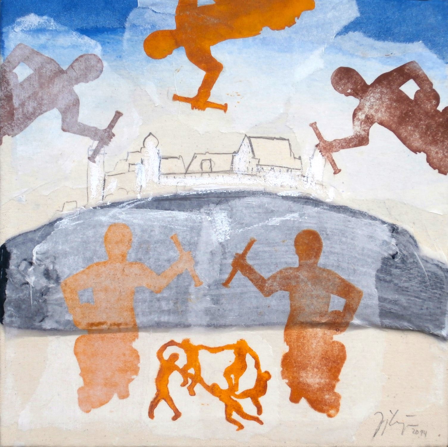 aus: SOCKY MOUNTAINS - VESTE COBURG - III . muttergestrickte Socke/Protagonistendruck/Linolschnitt und Mischtechnik auf Nessel . 38x38 cm . Protagonisten nach: Unbekannter Künstler: Hl. Mauritios (Bratwurstmännla) - Kupferblechskulptur (17. JH) Rathausgiebel Coburg . Henri Matisse: Der Tanz (1909) Museum of Modern Art New York