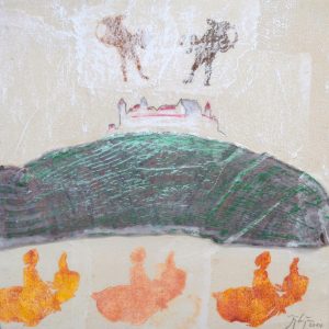 aus: SOCKY MOUNTAINS - VESTE COBURG - II . eigene alte Socke/Protagonistendruck/Linolschnitt und Mischtechnik auf Nessel . 38x38 cm . Protagonisten nach: Unbekannter Künstler: Jardin d'Amour - Flämische Miniatur (15. JH) Bibliotèque de l'Arsenal Paris . Francois Duquesnoy: Cupido aus Apolle und Cupido (vor 1643) Liechtensteinmuseum Wien