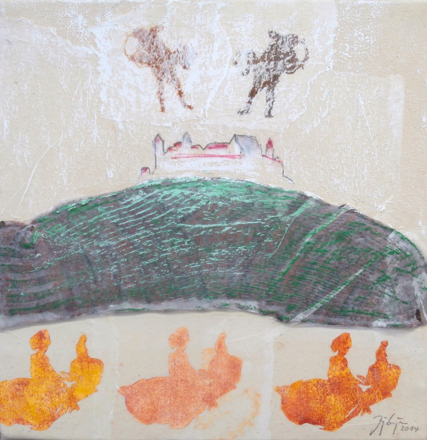 aus: SOCKY MOUNTAINS - VESTE COBURG - II . eigene alte Socke/Protagonistendruck/Linolschnitt und Mischtechnik auf Nessel . 38x38 cm . Protagonisten nach: Unbekannter Künstler: Jardin d'Amour - Flämische Miniatur (15. JH) Bibliotèque de l'Arsenal Paris . Francois Duquesnoy: Cupido aus Apolle und Cupido (vor 1643) Liechtensteinmuseum Wien