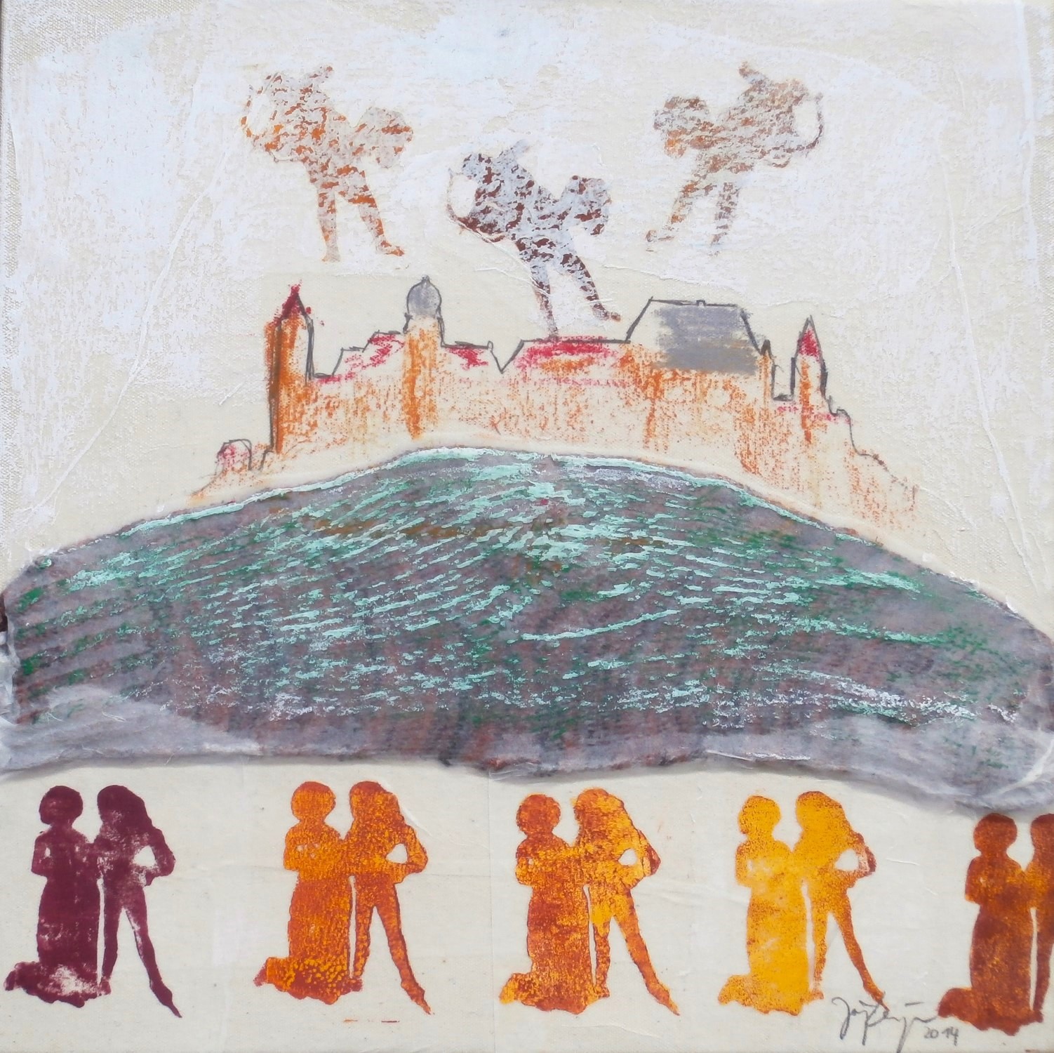 aus: SOCKY MOUNTAINS - VESTE COBURG - I . muttergestrickte Socke/Protagonistendruck/Linolschnitt und Mischtechnik auf Nessel . 38x38 cm . Protagonisten nach: Hausbuchmeister: Liebespaar (1580-90) Kupferstichkabinett SMB Berlin . Francois Duquesnoy: Cupido aus Apollo und Cupido (vor 1643) Liechtensteinmuseum Wien