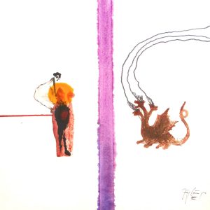 aus: NARRATIVE KOMPOSITIONEN . Protagonistendruck/Linolschnitt und Mischtechnik auf Papier . 33x33 cm . Protagonisten nach: Unbekannter Künstler: Siebenköpfiger Drache und Jungfrau - Buchillustration (vor 1100) Bibliothèque Nationale Ms.Franc.403 Paris . Unbekannter Künstler: Bischof, wahrscheinlich 14. Jh.