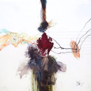 aus: NARRATIVE KOMPOSITIONEN . Protagonistendruck/Linolschnitt und Mischtechnik auf Papier . 33x33 cm . Protagonisten nach: Alfons Mucha: Job -Zeichnung 1897