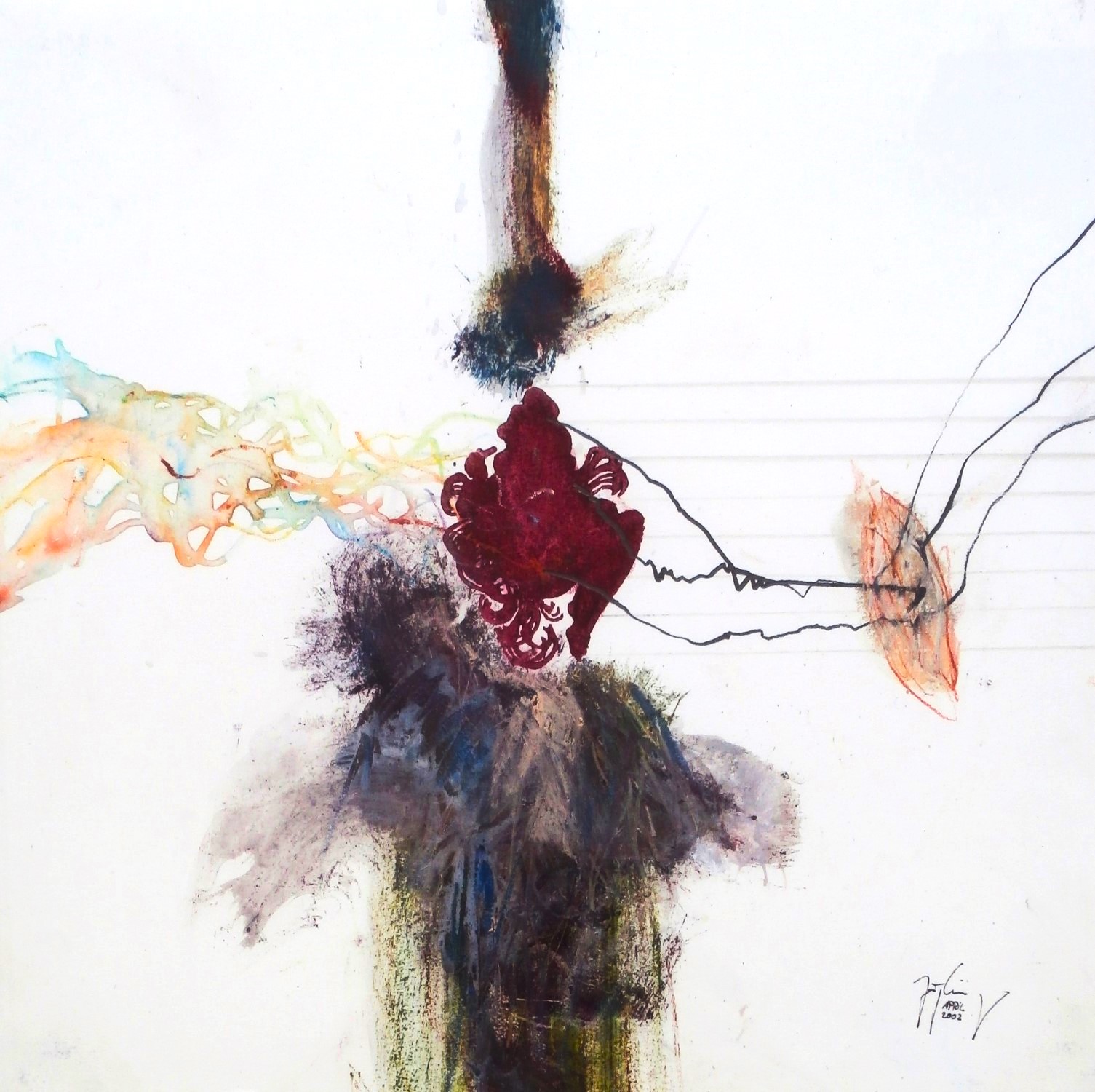 aus: NARRATIVE KOMPOSITIONEN . Protagonistendruck/Linolschnitt und Mischtechnik auf Papier . 33x33 cm . Protagonisten nach: Alfons Mucha: Job -Zeichnung 1897