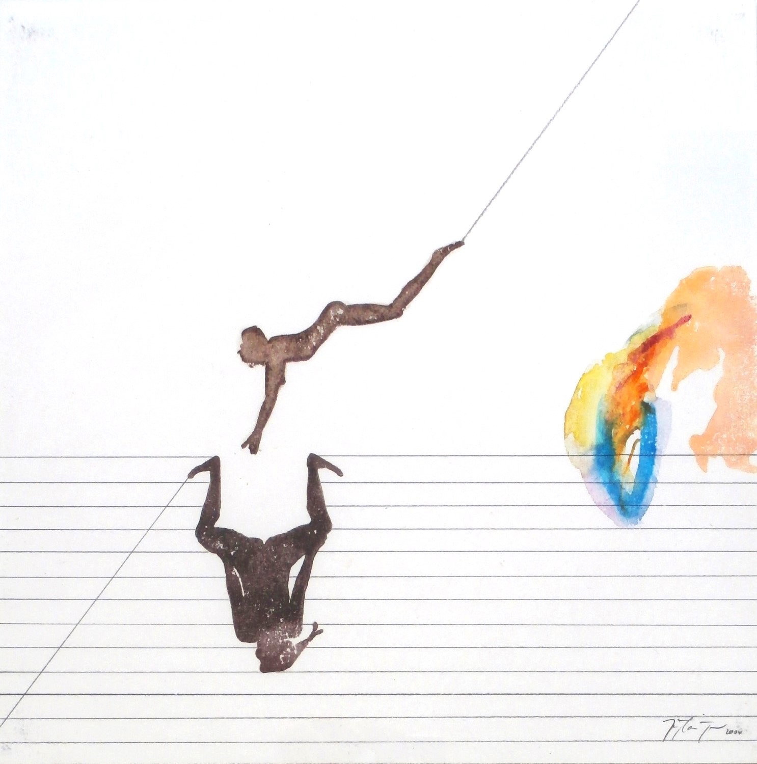 aus: NARRATIVE KOMPOSITIONEN . Protagonistendruck/Linolschnitt und Mischtechnik auf Papier . 33x33 cm . Protagonisten nach: Unbekannter Künstler (minoisch): Akrobat, Knossos (1700 v.Chr.) Archäologisches Museum Heraktlion/Kreta . Unbekannter Künstler: Hetäre, in ein Gefäß urinierend, Griechische Trinkschale (180 v.Chr.) Altes Museum Berlin . Lorenzo Ghiberti: Engel, Verkündigungsgruppe, Bronzetür (1403) Baptisterium Florenz