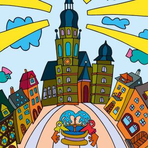 MORITZKIRCHE ... EIN TURM ÜBERSTRAHLT ALLES . Offsetdruck auf Papier . Auflage: 51Ex . 42x30 cm