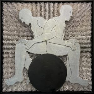 Mischtechnik/Materialcollage auf Holz . 171x171x14cm