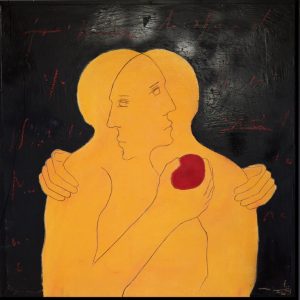 OT . (les Jaunes - Herz) . Mischtechnik auf Holz . 82c82cm