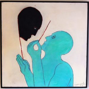 OT . (les Turquises - Kopf) . Mischtechnik auf Holz . 82x82cm